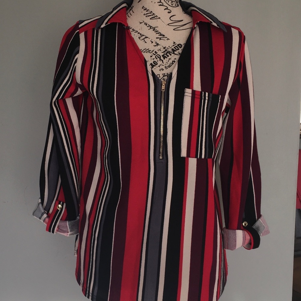 Blouse by Ember- Red, Blk, Tan, blue stripes Sz M.